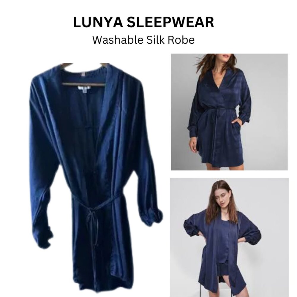 LUNYA XS/S navy blue 100% silk robe w 2 pockets, tie front closure